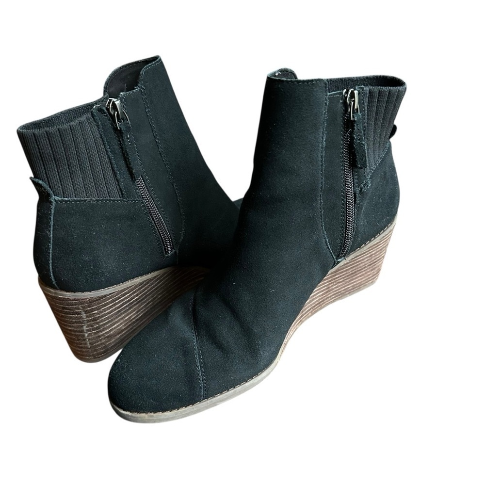 Toms Sadie Black Suede Wedge Zip Up Ankle Boot Sz 10